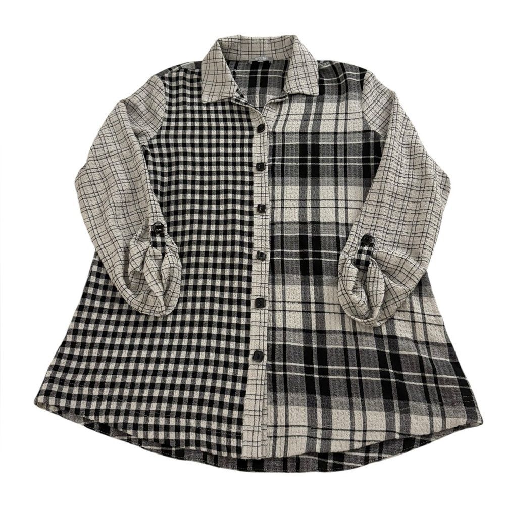 Habitat Boyfriend Tunic Putty Botton Down Shirt Mixed Plaid Black Gray Womens XS - Picture 2 of 10